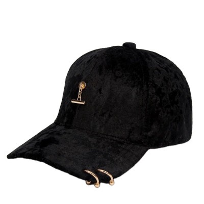 Sporty Velvet Metal Ring&Lock Detail Snap-Back Baseball Cap